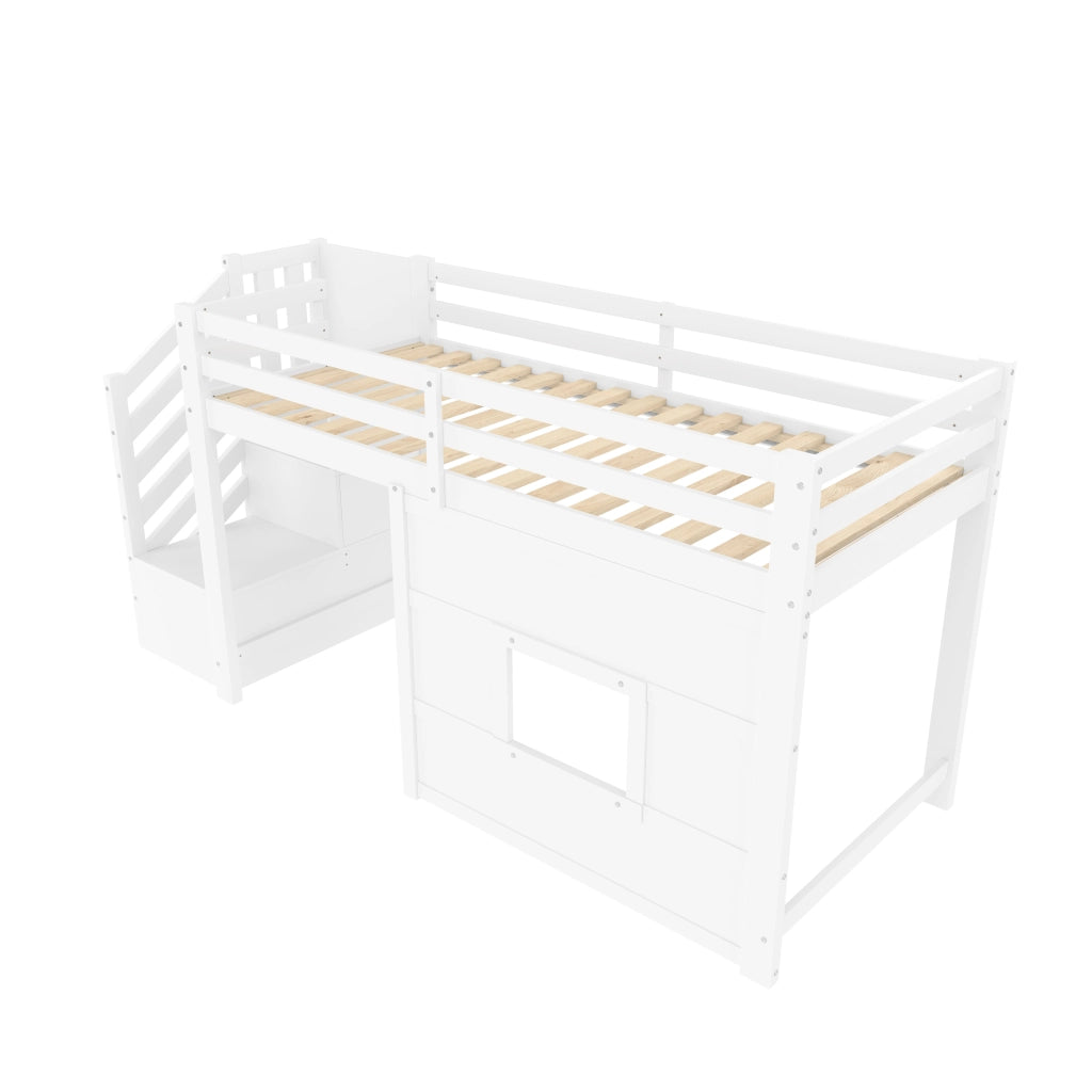 Letto a castello bianco con funzione contenitore scala e finestra in mdf pino compensato 90x200 cm