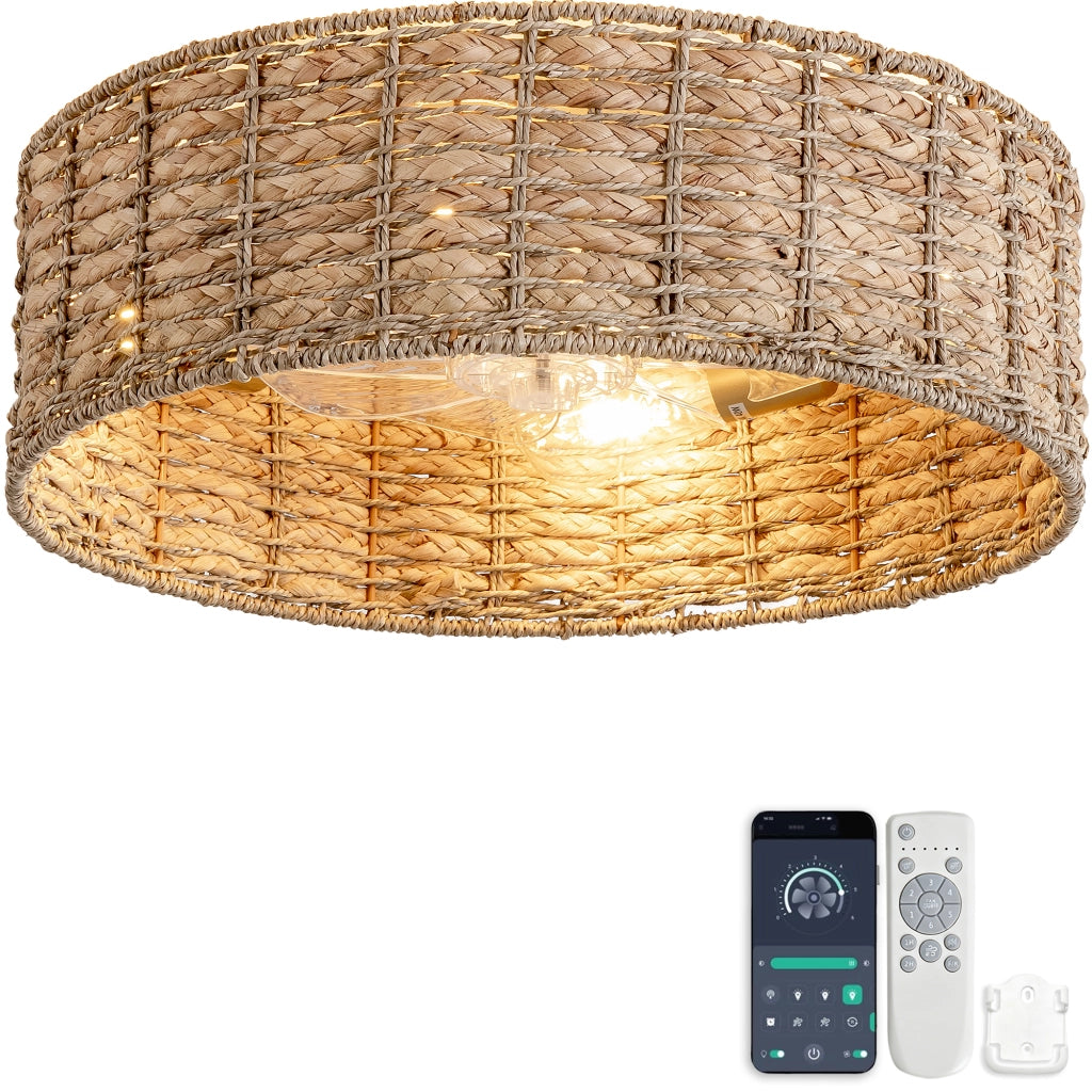 Ventilatore da soffitto 19 pollici con luce, rattan naturale, doppio controllo app e telecomando, 6 velocit¨¤ reversibili, design naturale