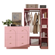 Armadio Guardaroba Aperto Rosa 139×35×133 cm con Barra Appendabiti; 6 Cassetti e Ripiani Laterali
