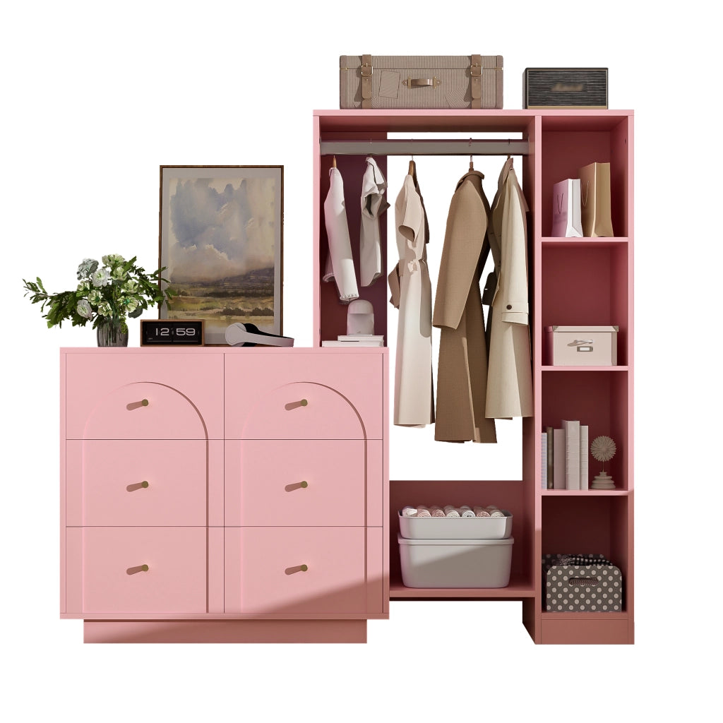Armadio Guardaroba Aperto Rosa 139×35×133 cm con Barra Appendabiti; 6 Cassetti e Ripiani Laterali
