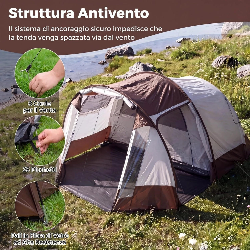 Tenda da Campeggio per 4-6 Persone, Tenda a Tunnel Familiare Impermeabile con 2 Stanze, Finestre Ventilata, Picchetti e Borsa da Trasporto, per Campeggio e Viaggi, 450 x 330 x 202 cm