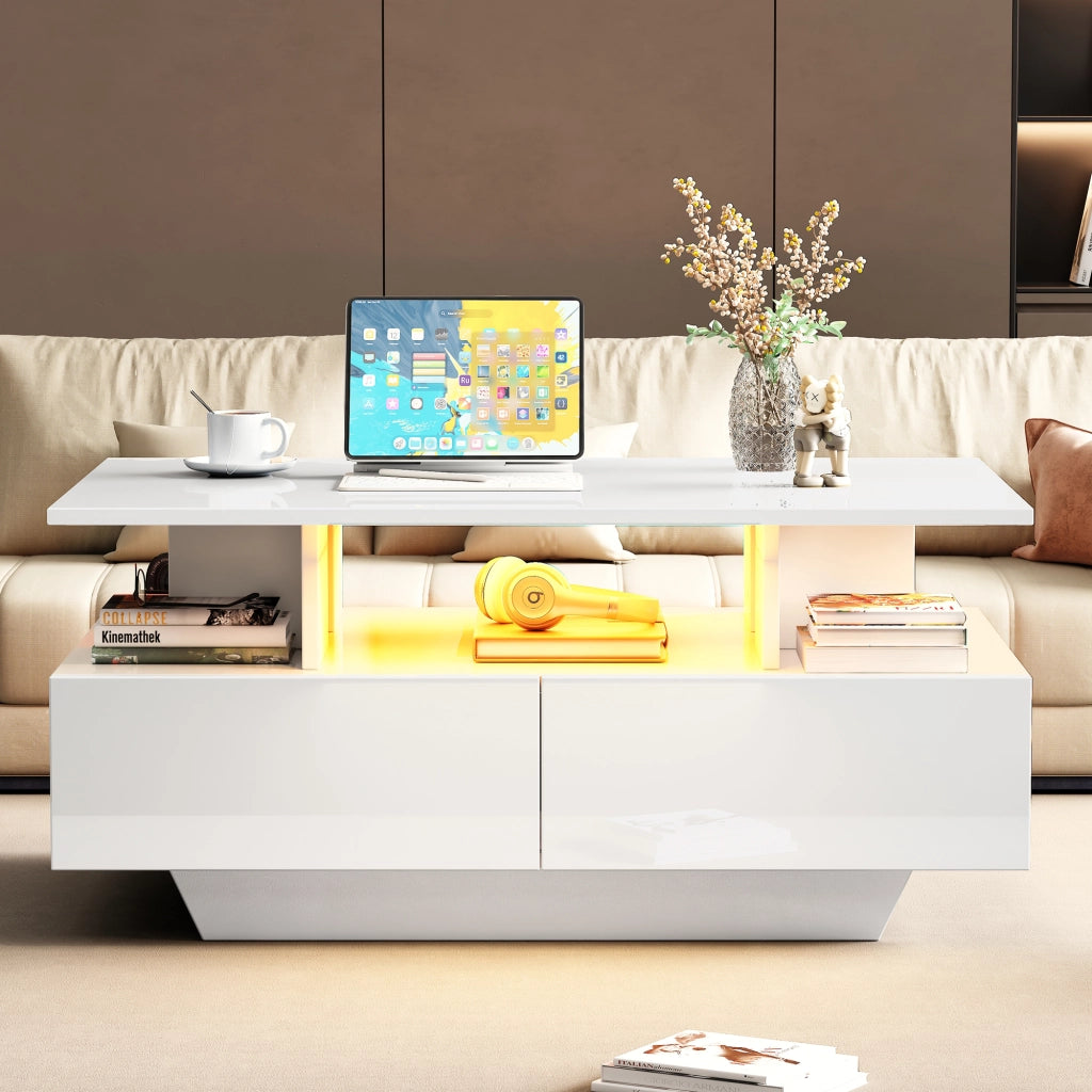 Tavolino da caffè 90x55x41 cm; con illuminazione LED e 2 cassetti; truciolato; bianco