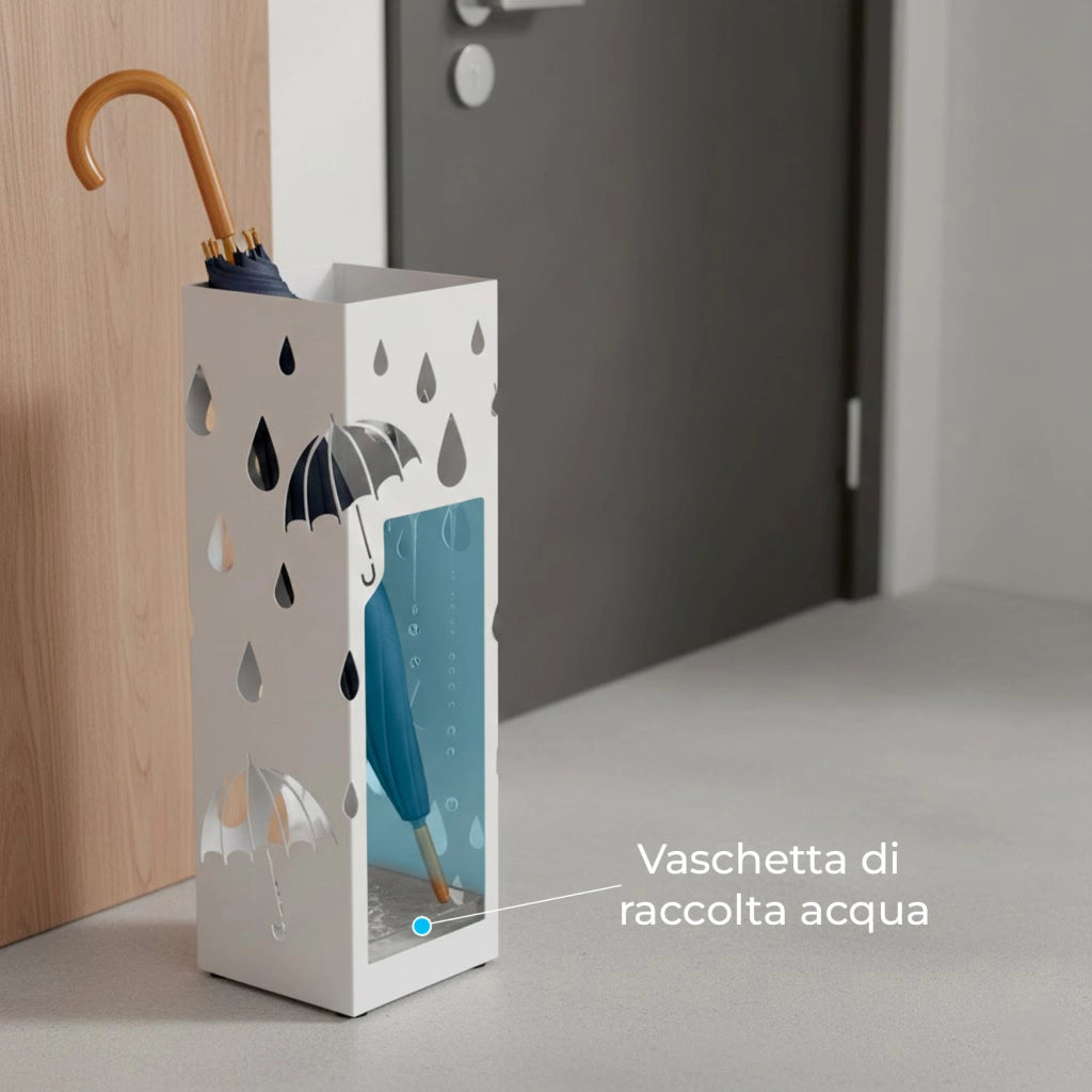 Portaombrelli In Acciaio Zincato Con Base Antiscivolo Vaschetta Scolapioggia E 2 Ganci Removibili Design Moderno Per Ingresso Casa E Ufficio 49 X 15.5 X 15.5 Cm Bianco