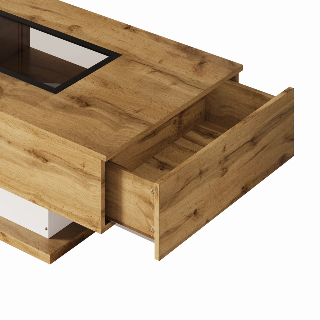 TAVOLO Basso con 2 Cassetti e LED, 110,2 x 60 x 39,7 cm, bianco e legno