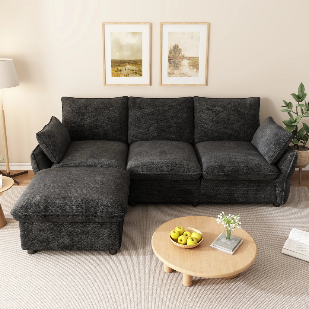 Divano angolare moderno in chenille con ottomana e 2 cuscini, 3 posti, grigio scuro, 222,5 ¡Á 154,5 ¡Á 76,5 cm