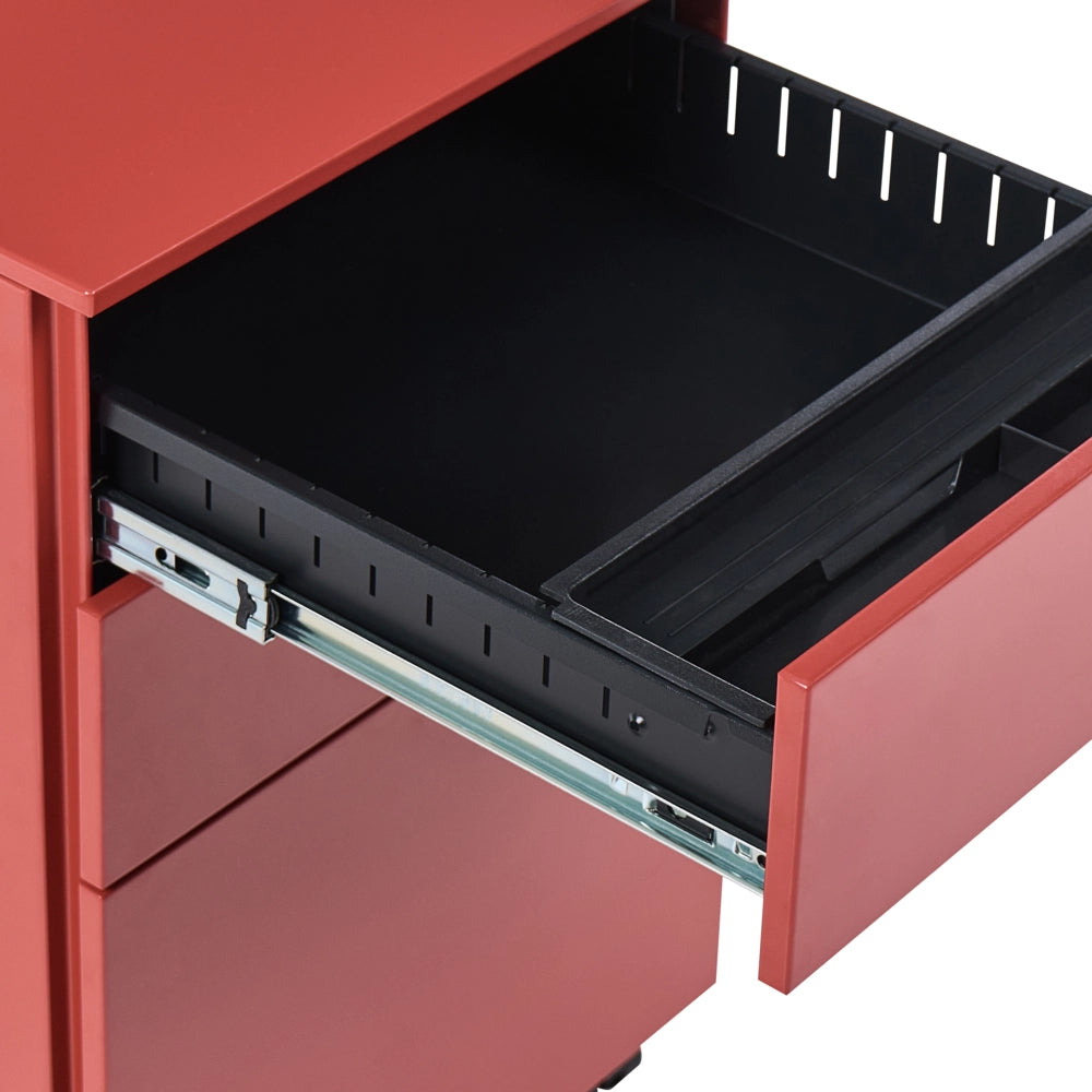 Armadietto mobile contenitore Metallo Rosso 3 Cassetti Con Serratura A Chiave Ruote Ufficio Industriale
