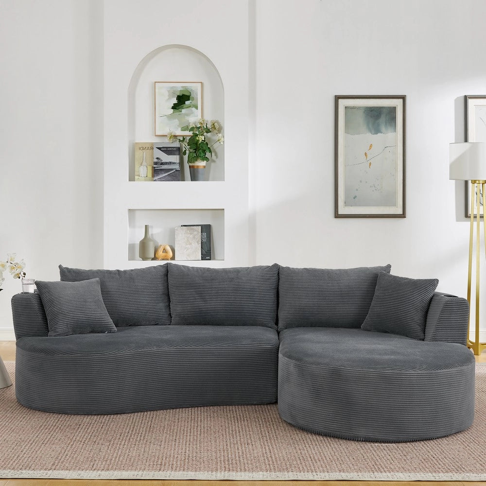 Divano Angolare 3 Posti con Chaise Longue ¨C Xylo ¨C Tessuto a Coste, Grigio, con Cuscini e Portabicchieri