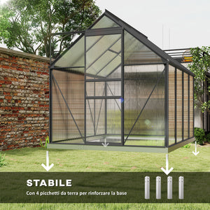 Serra 190x253x199 cm con Finestra Apribile e Porta Scorrevole in Policarbonato e Alluminio Grigio Scuro