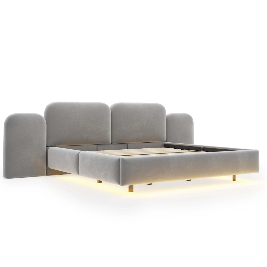 Letto imbottito 180x200 cm con contenitore idraulico, LED RGB e USB-C in velluto grigio