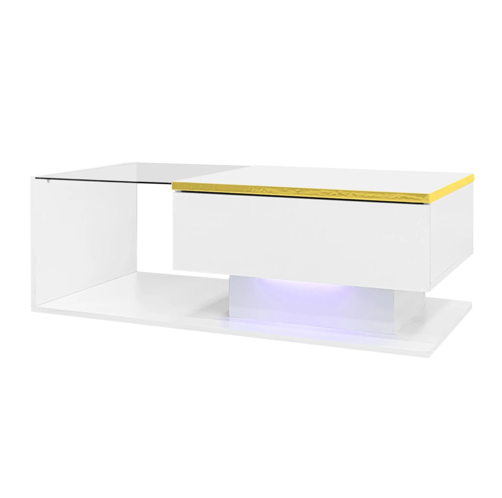 Tavolino da caffè 90x50 cm bianco lucido con vetro temperato e LED 16 colori