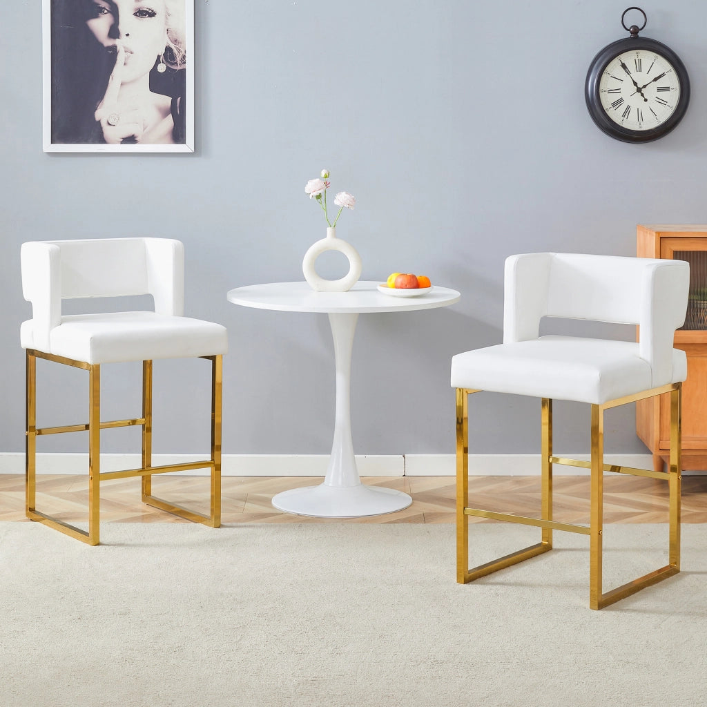 Sgabello da bar set da 2 con seduta imbottita quadrata e gambe in metallo dorato, in PU bianco 91,4 cm