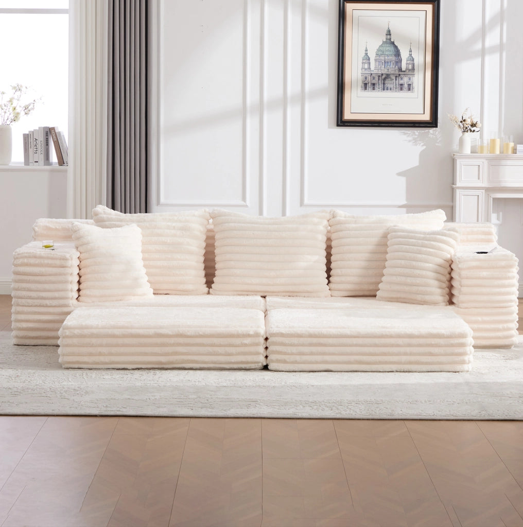 Divano letto in velluto a coste beige con contenitori