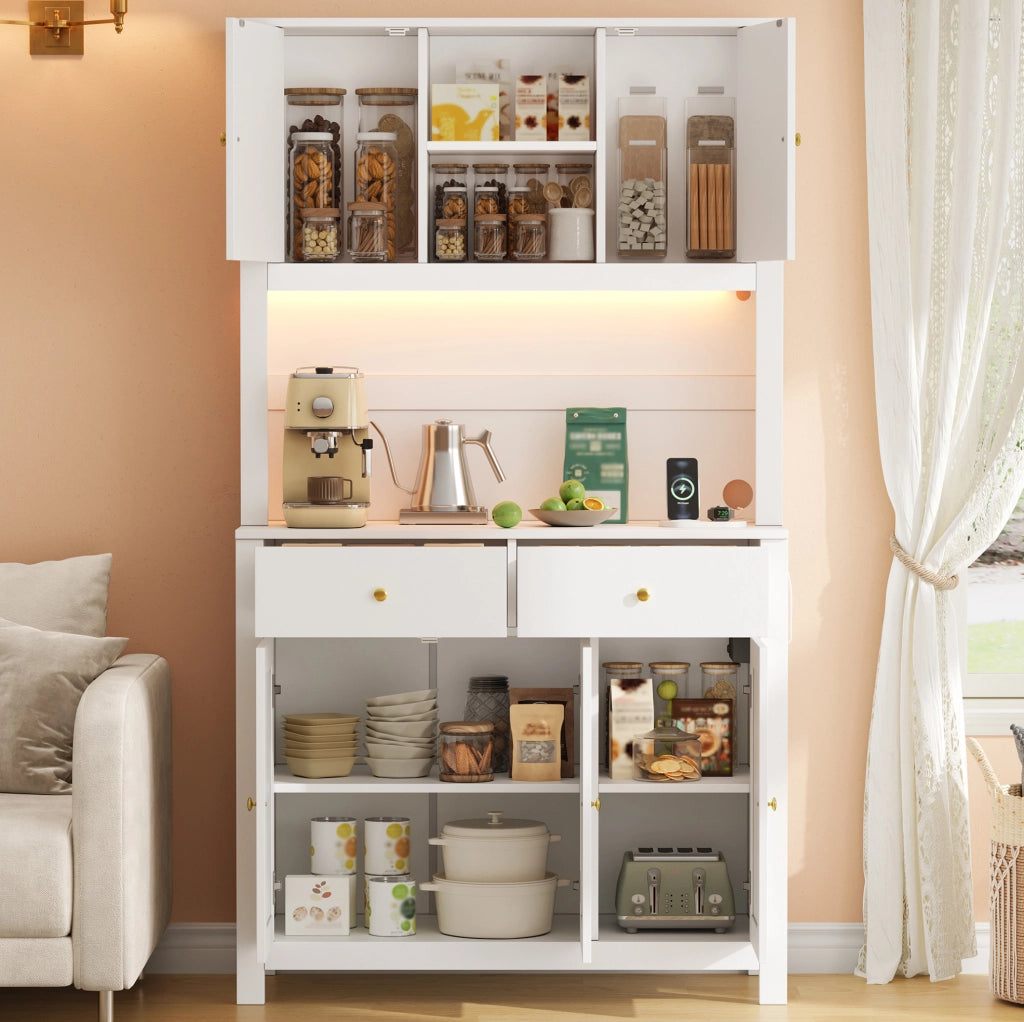 Mobile cucina alto 100x40x180 cm in MDF bianco con LED RGB; prese e cassetti