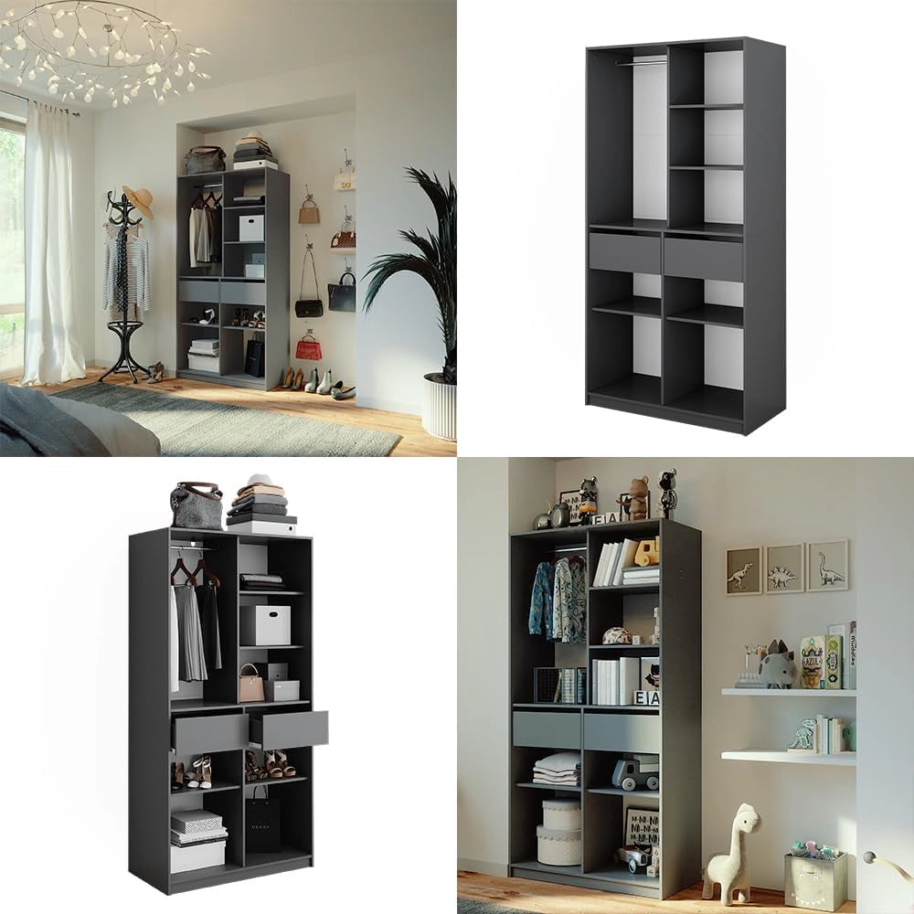 Armadio Elmo, Antracite, 100 x 200 cm con 2 cassetti, per una conservazione flessibile di diversi capi di abbigliamento