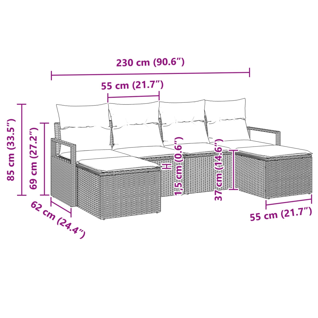 Set di divani da giardino  da 6 pezzi con cuscini Beige Poly Rattan