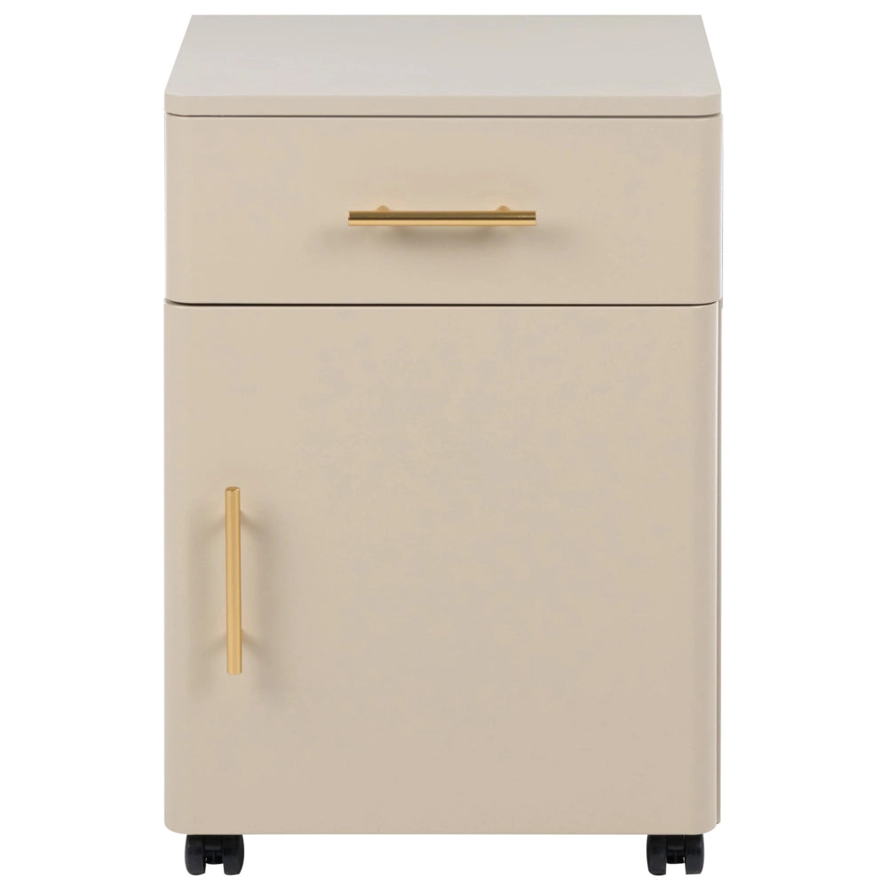 Comodino in acciaio beige con cassetto, angoli arrotondati e maniglie dorate