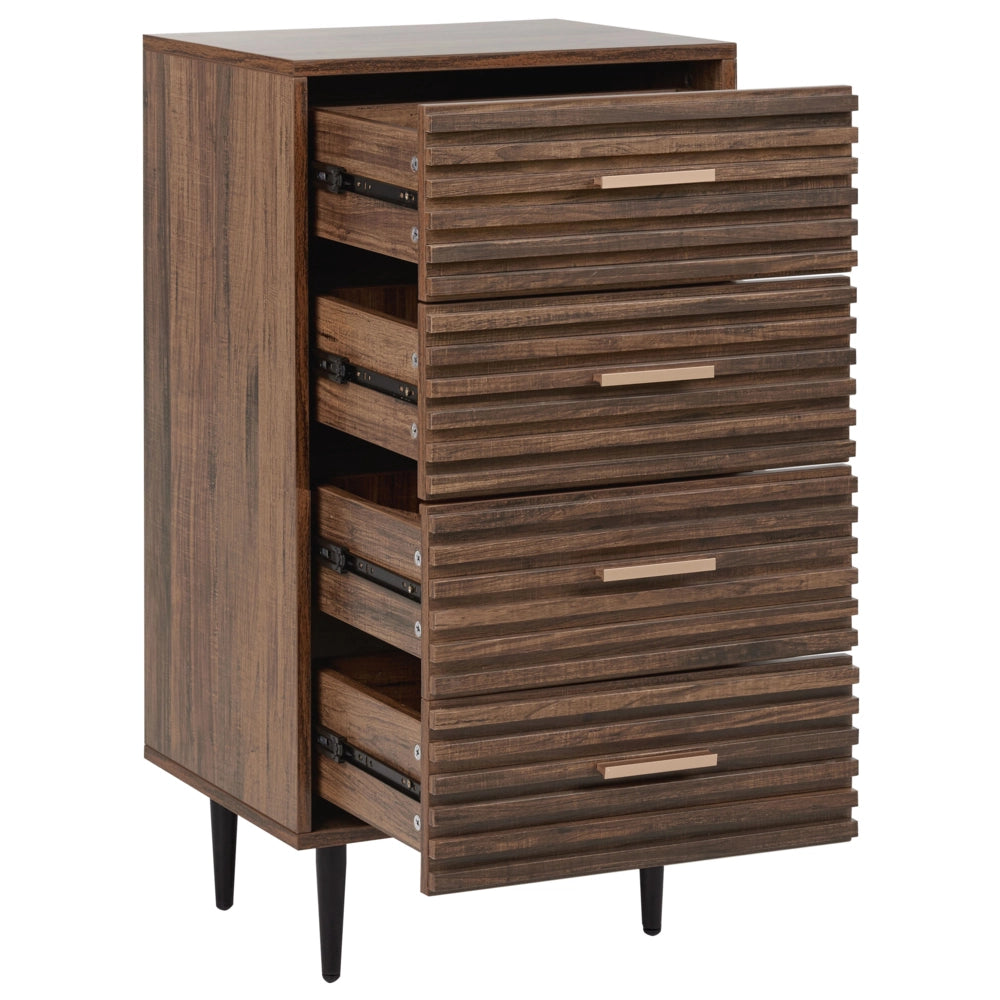 Cassettiera in MDF Legno scuro 4 cassetti Gambe in ferro Moderno