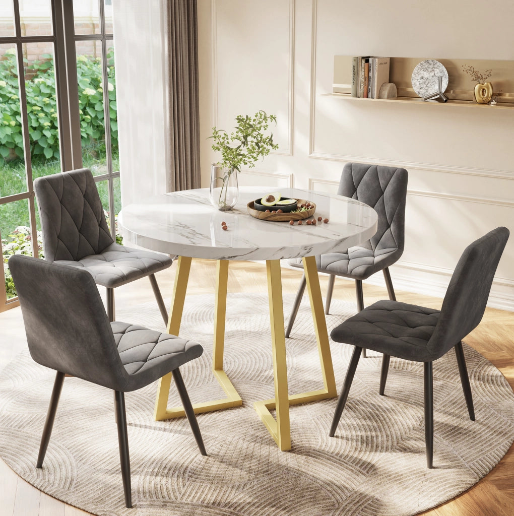 Tavolo da pranzo rotondo 80x75 cm con piano effetto marmo e gambe regolabili in MDF bianco