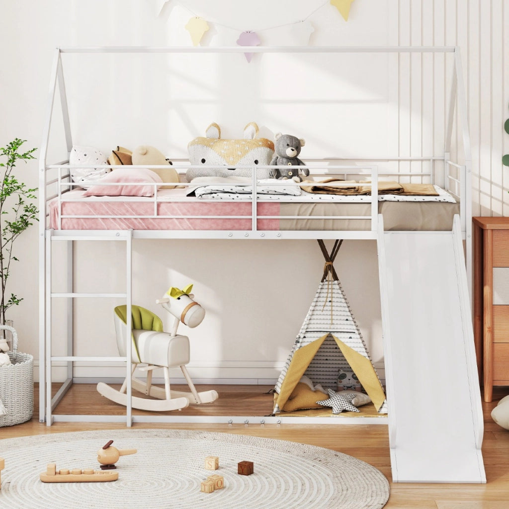 Loft con sponda di sicurezza e tetto di casa con scivolo e scala convertibili, Letto a castello basso doppio letto singolo Bianco-Lettini per bimbi