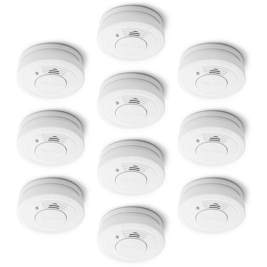 Set 10x Rilevatore di fumo con batteria da 9 V, allarme antincendio con funzione HUSH, sensore antifumo fotoelettrico affidabile con potenza sonora di 85 dB