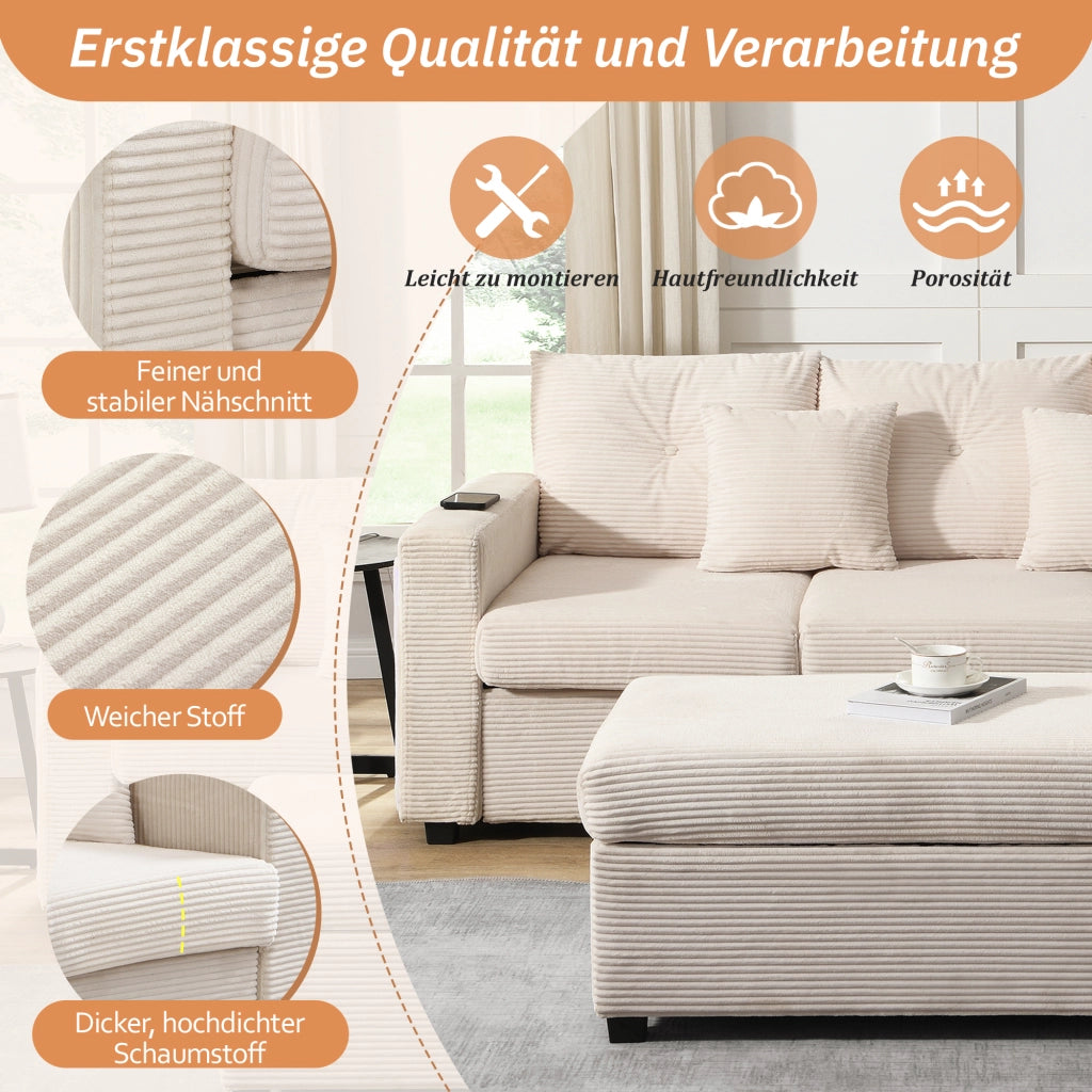 DIVANO Angolare LED con pouf 98x51 cm Beige in tessuto cord