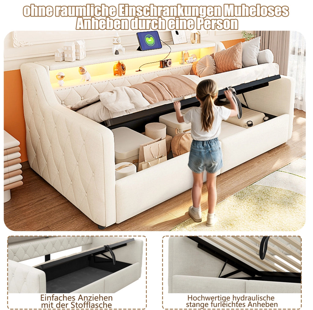 Letto singolo 90x200 cm beige con vano idraulico, LED, USB e USB-C
