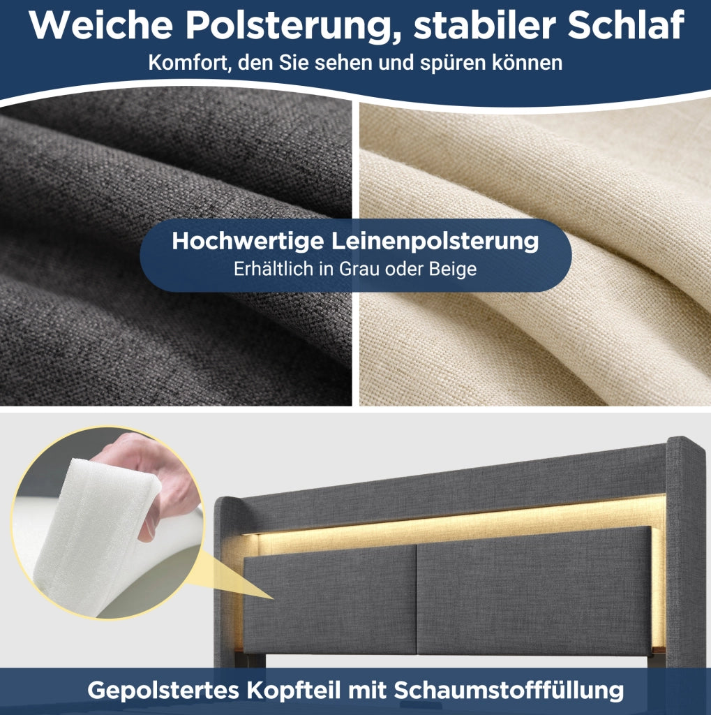 Letto imbottito grigio 140x200 cm con contenitore, LED e ricarica USB