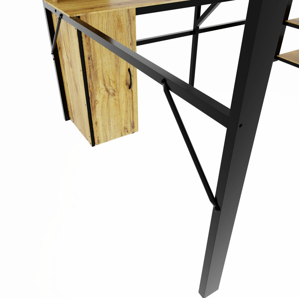 Letto a soppalco in metallo e MDF 140x200 cm con scrivania; armadio; scale contenitore e USB; nero