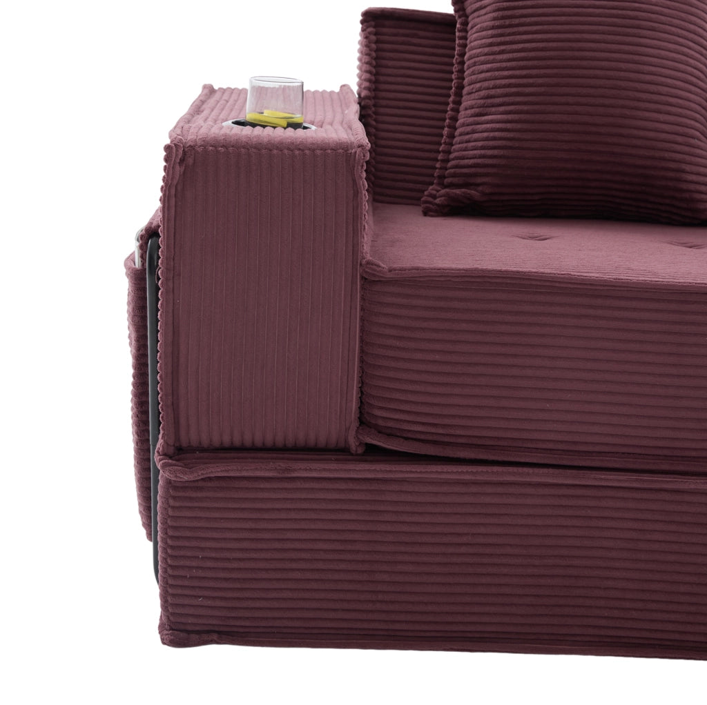 Pouf divano modulare in velluto a coste 162x78x66 cm rosso vino con 2 cuscini