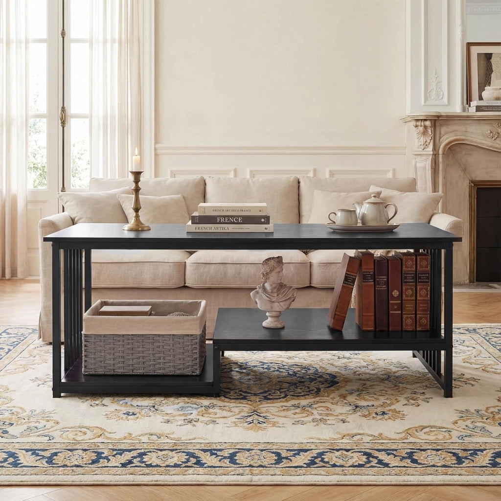 Tavolino da Caffè Rettangolare con 2 Ripiani Portaoggetti e Struttura in Metallo Resistente, Tavolo dallo Stile Moderno, Tavolino Cocktail per Soggiorno e Lounge, 110 x 60 x 45 cm (Nero)
