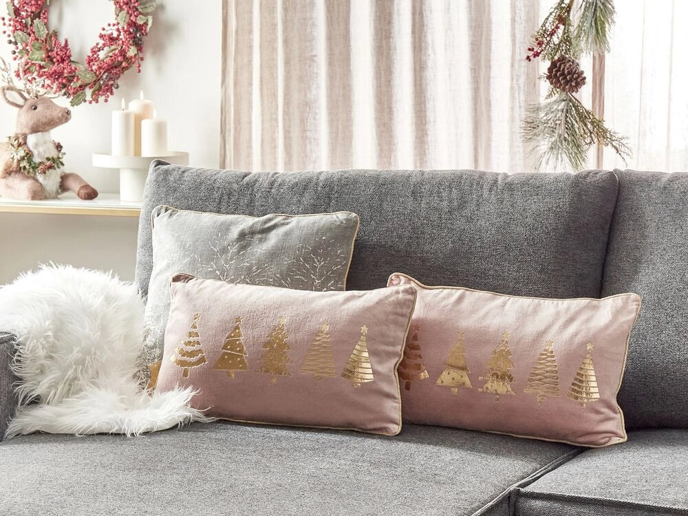 Set di 2 cuscini sparsi in tessuto di velluto rosa 30 x 50 cm con motivo ad albero di Natale in cotone sfoderabile Soggiorno Camera da letto