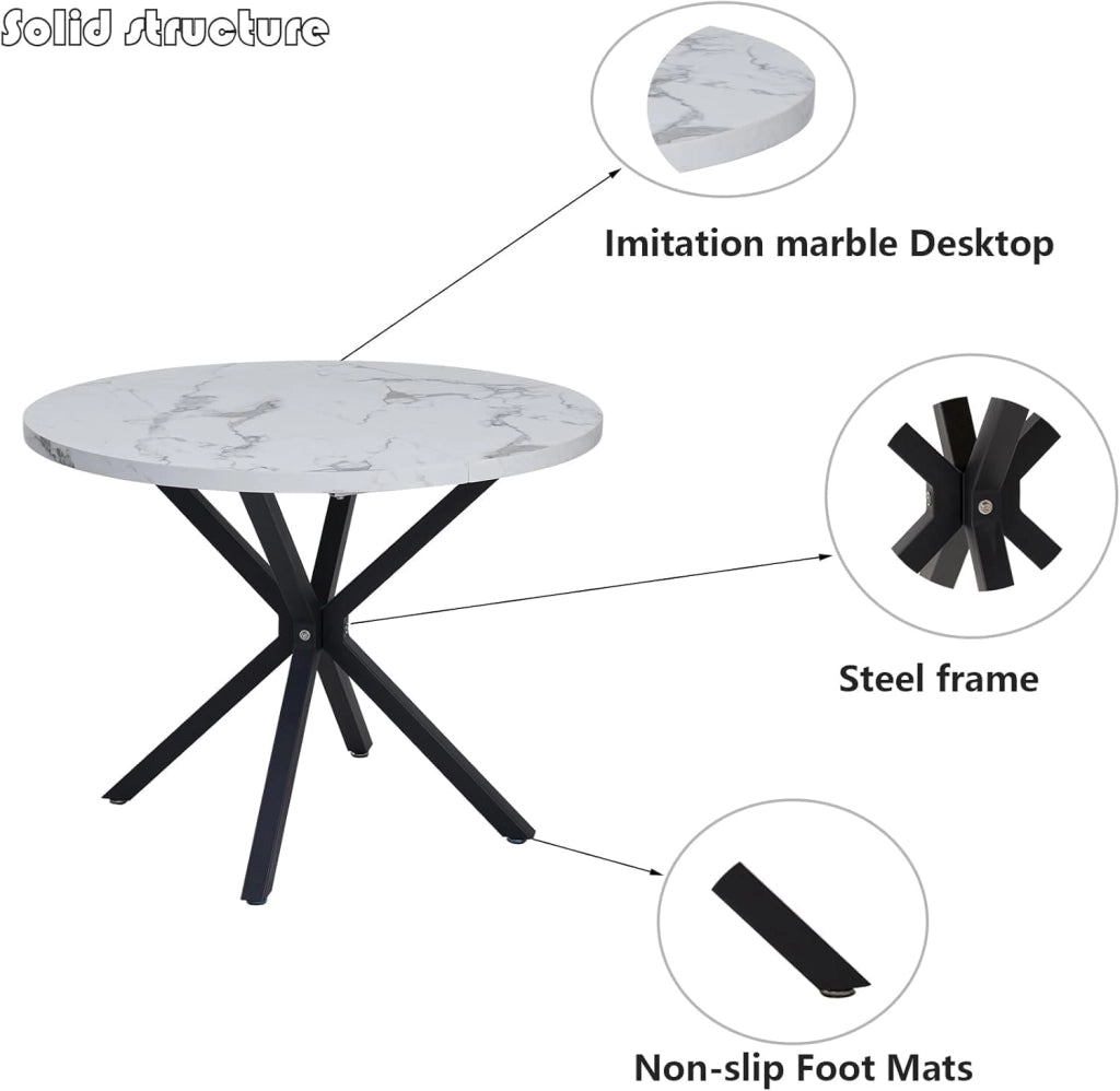 GrandCA HOME Set Tavolo e Sedie da Pranzo, Tavolo da Pranzo Rotondo da 100 CM e 4 Sedie Moderne in Lino, per Sala da Pranzo, Cucina, Soggiorno (Colore Marmo + Blu Lago)