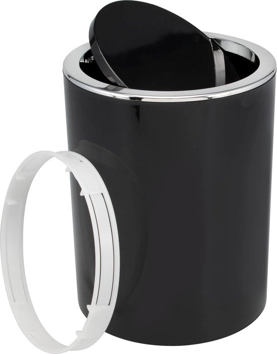 Serie per bagno Savona - contenitore per prodotti personali con coperchio scorrevole, vasca da bagno, contenitore per rifiuti, plastica (nero, rotondo)