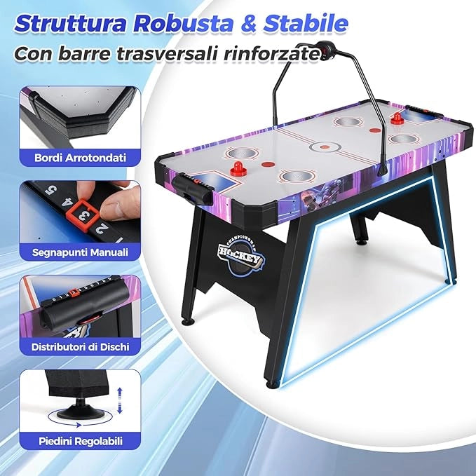 Tavolo Air Hockey, Tavolo da Gioco con Segnapunti Digitale LED 2 Spintori e 2 Dischi, 12V Potente Motore, per Casa Sala Giochi e Ufficio, 144 x 68 x 81 cm