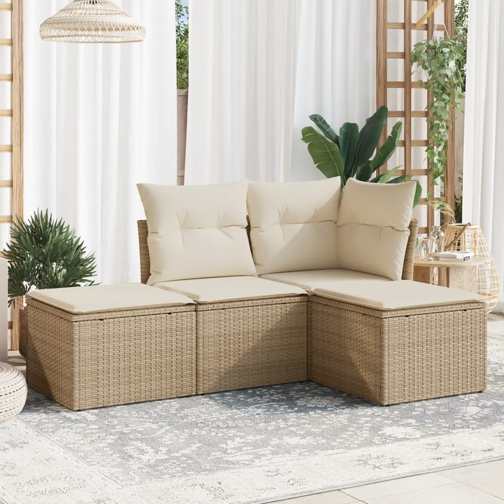 Set Divano da Giardino 4 pz con Cuscini Beige in Polyrattan