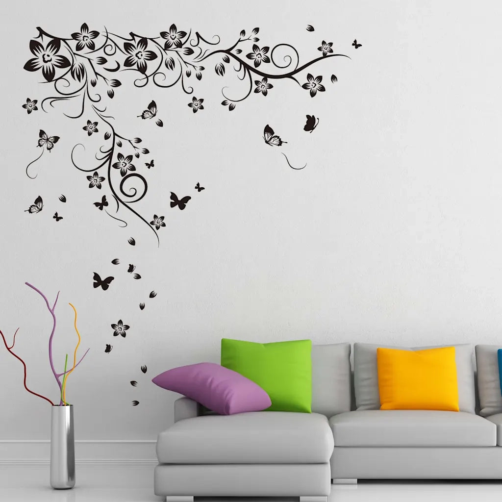 WALPLUS Adesivo Decorativo per Interni Vite e Farfalle 130x150cm Nero 425866