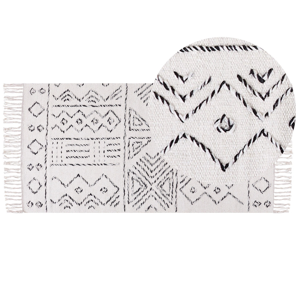 Tappeto in lana bianco sporco e nero con motivo azteco 80 x 150 cm a pelo basso Moderno Vintage