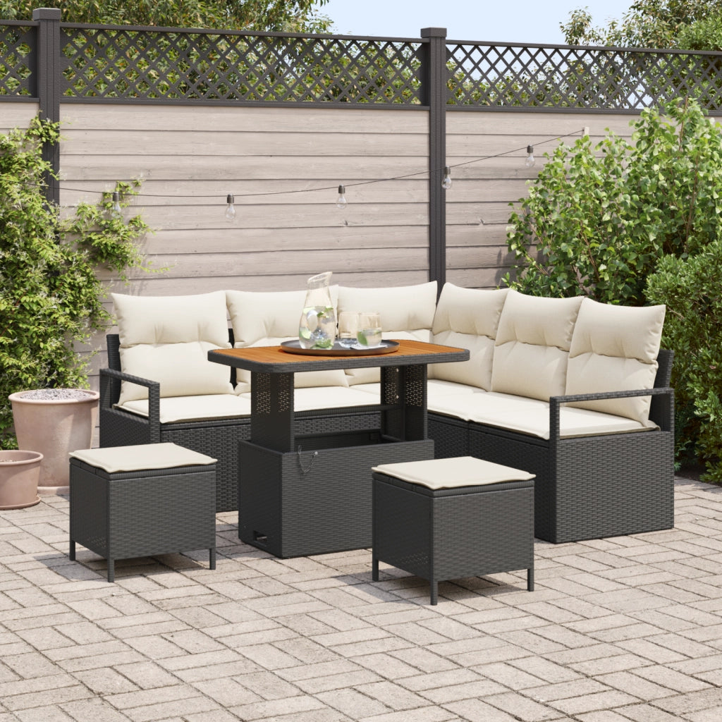 Set Divano da Giardino di 8 Pezzi con Cuscini in Rattan Polimerico Nero Acacia