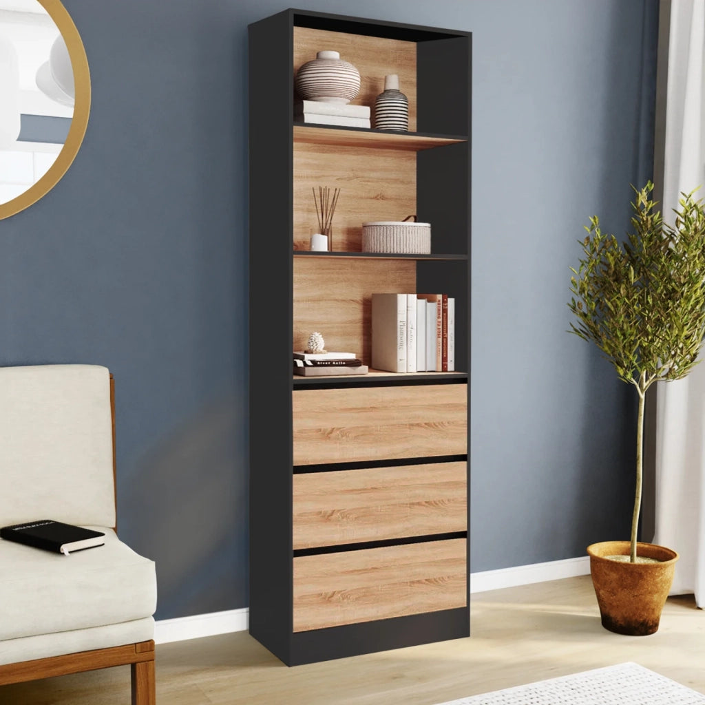 IDMarket - CARLA Libreria a 3 livelli con 3 cassetti neri ed effetto legno H.190 cm