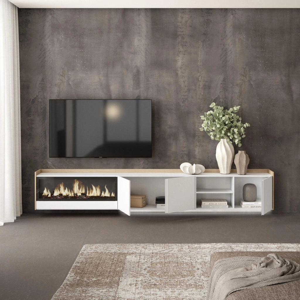 Mobile TV Soggiorno, 315x50x35 cm, Per TV fino a 80", Camino elettrico XXL, Sospeso, da appendere, LED, Bianco e Rovere soft