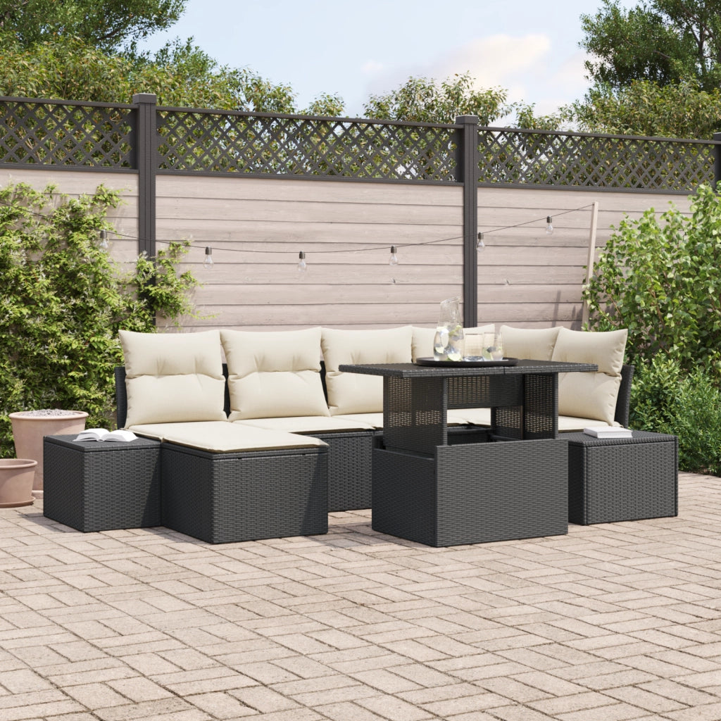 Set da giardino composto da 7 pezzi con cuscini in polirattan nero