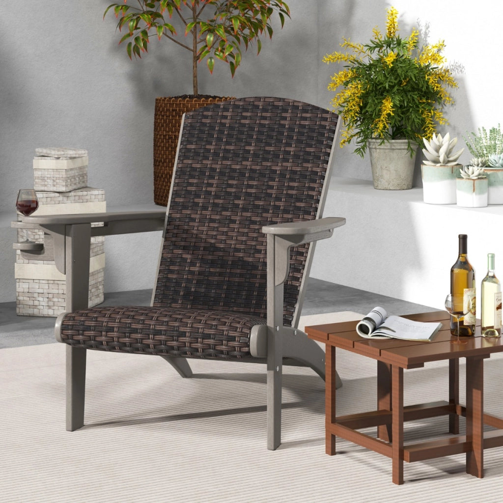 Sedia adirondack da patio con sedile e schienale imbottiti in rattan, Sedia da lounge e porta tazza nascosto Grigio-Poltrone e sdraio