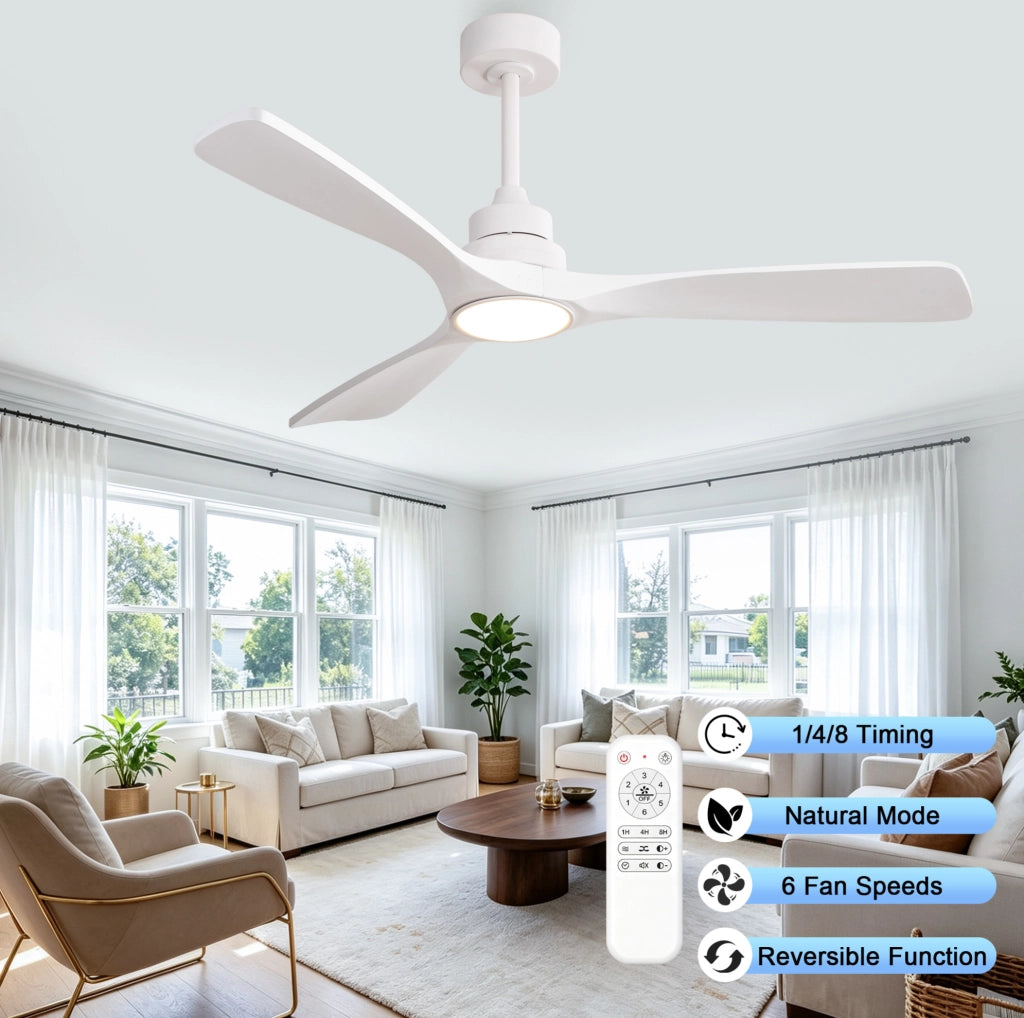 Ventilatore da soffitto 52 pollici con luce LED; 3 pale in legno; bianco