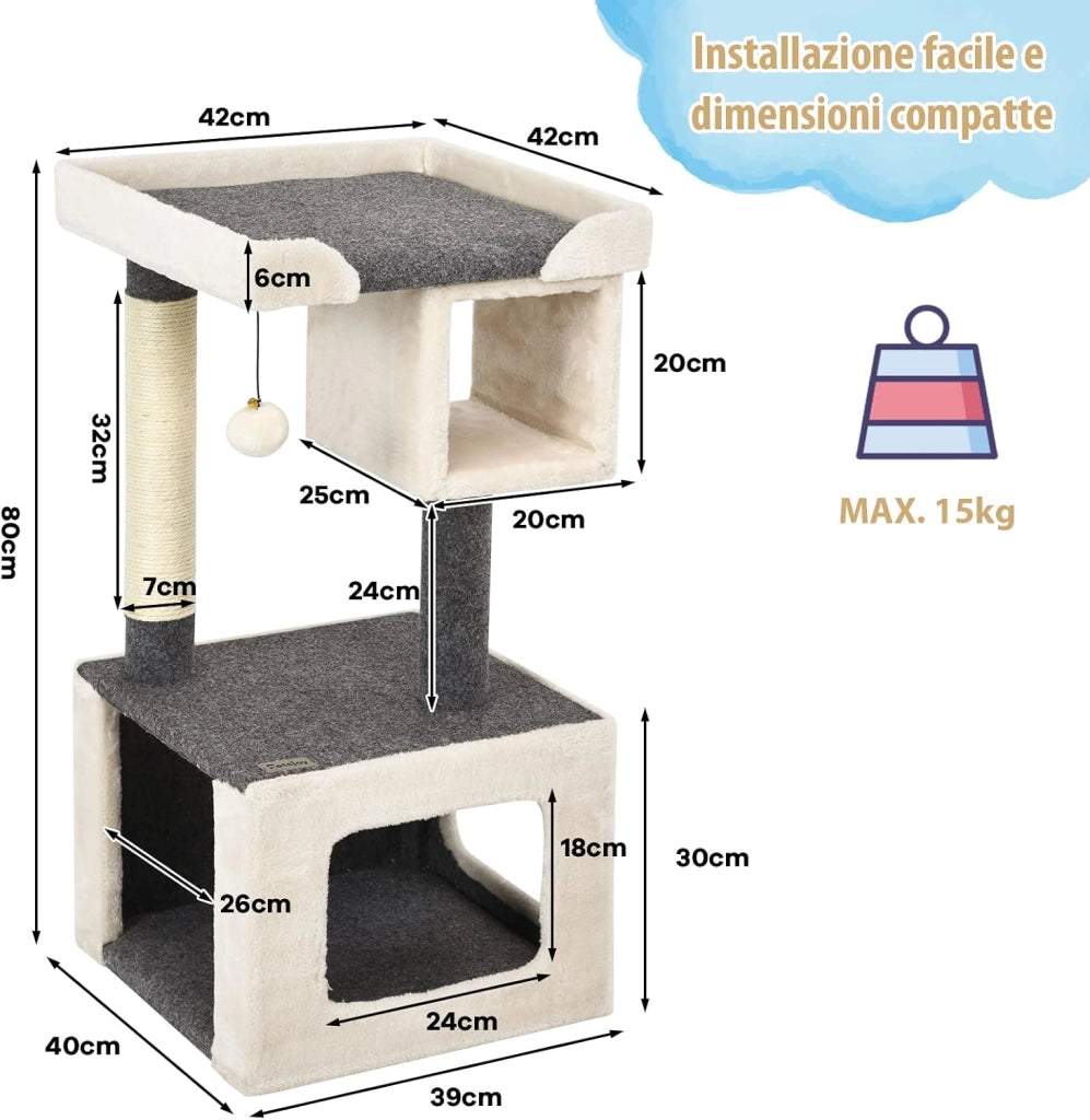 Tiragraffi per Gatti Piccoli con Cuccia, Piattaforme, Pallina e Sisal, Albero in Legno da Divano, Salotto e Camera da Letto, 42 x 42 x 80 cm