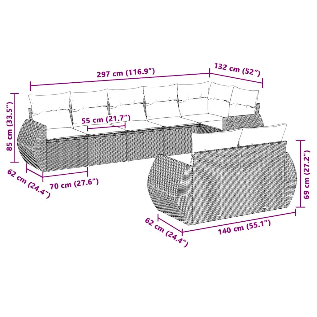 Set Divano da Giardino 8pz con Cuscini Grigio Chiaro Polyrattan