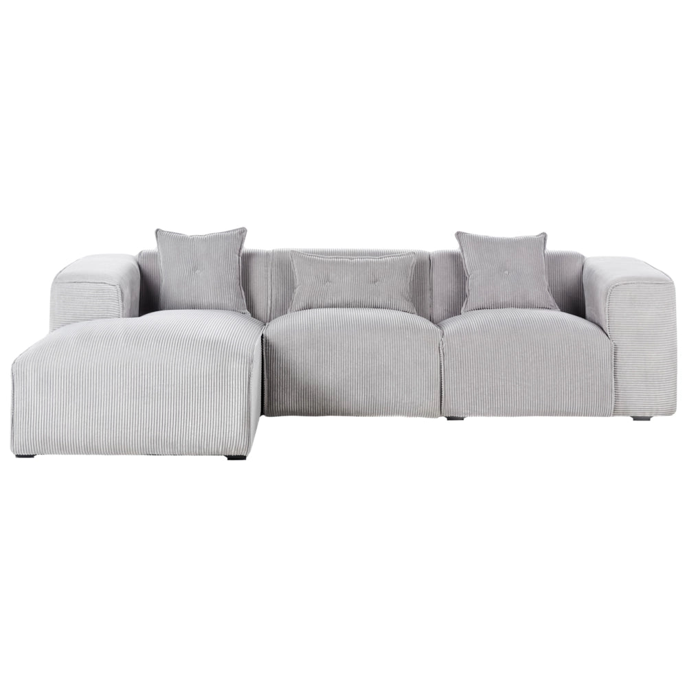 Divano Angolare lato destro in velluto a coste grigio chiaro con cuscini decorativi stile Moderno