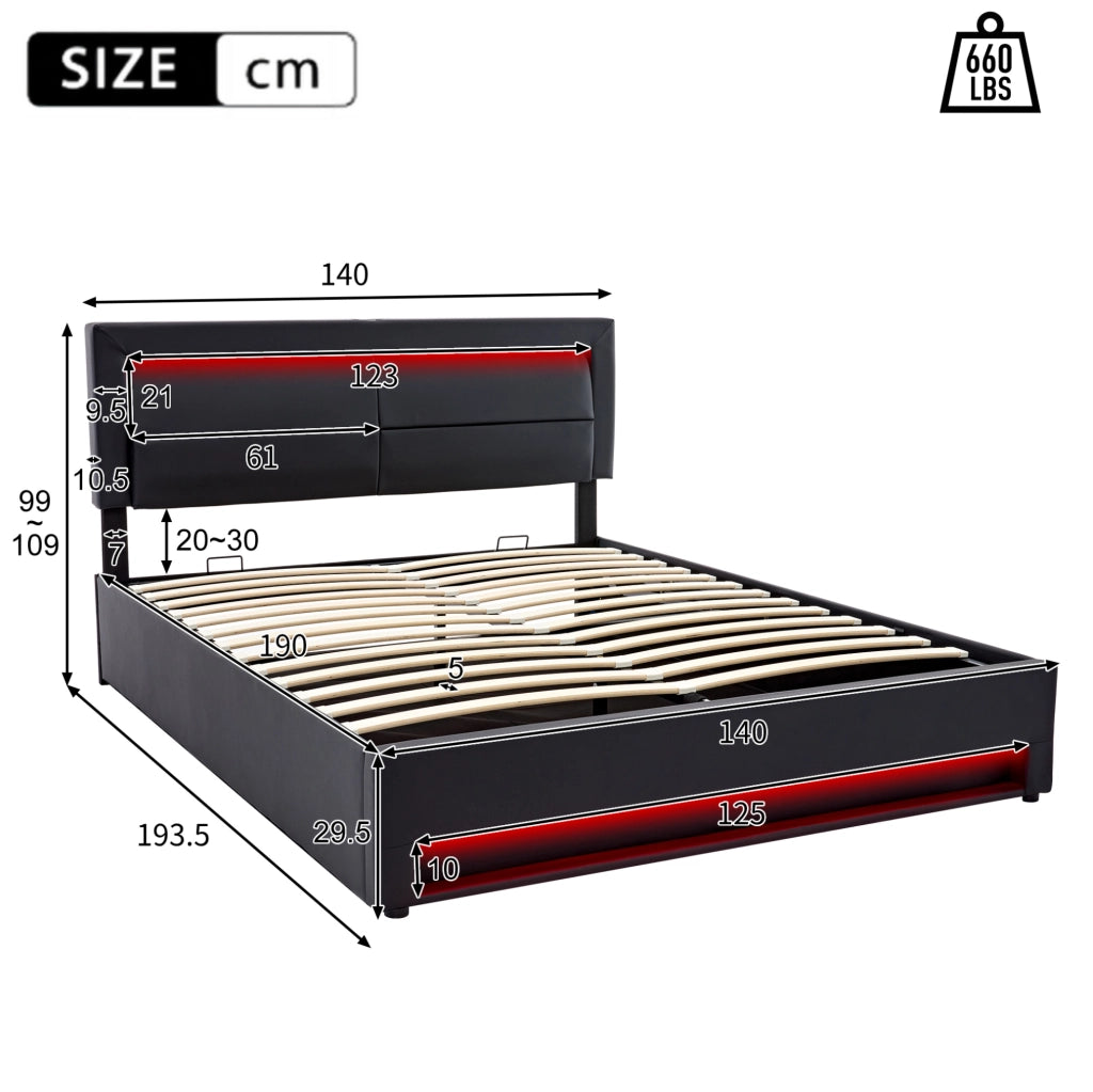 Letto imbottito 140x190 cm con USB; LED e contenitore; in PU nero