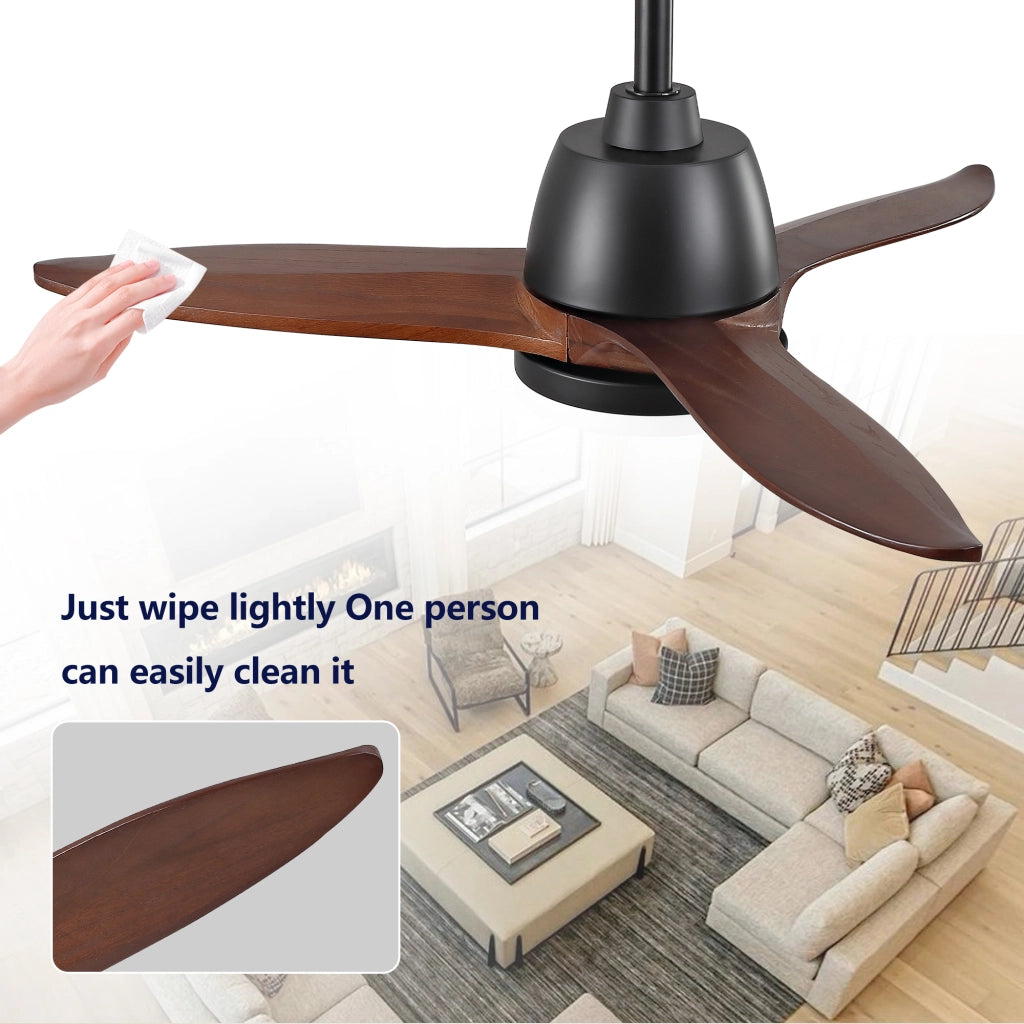 Ventilatore da soffitto nero con luce LED a 3 tonalità, pale in legno e motore DC reversibile per soggiorno