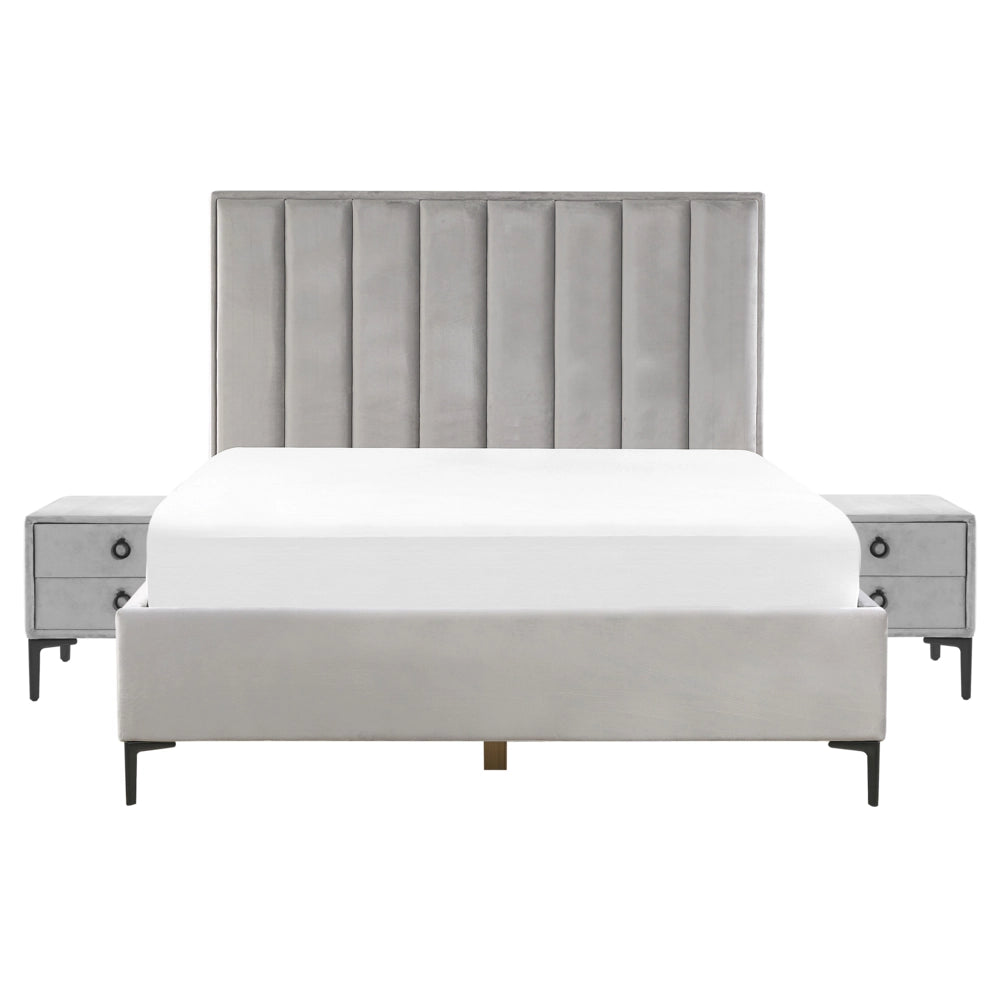 Set camera da letto in velluto grigio King Size letto con contenitore 2 comodini imbottiti