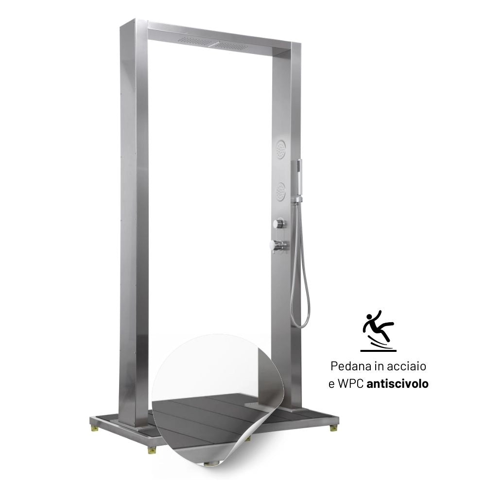 Colonna doccia da esterno doppia bamboo acciaio inox getti idro pedana wpc